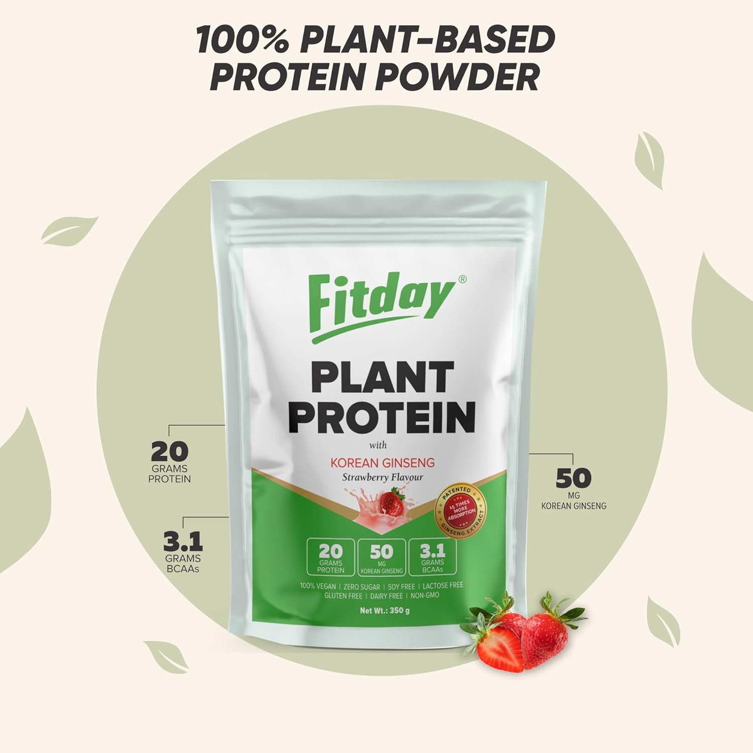 Fitday Vegan Plant Protein Powder, Korean Ginseng & Pea Protein (350 GM)